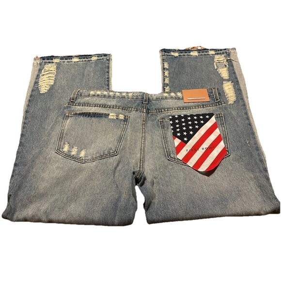 First Row Relaxed Flare Jeans 38x33 Distressed Raw Hem USA Flag Patch - Picture 5 of 8